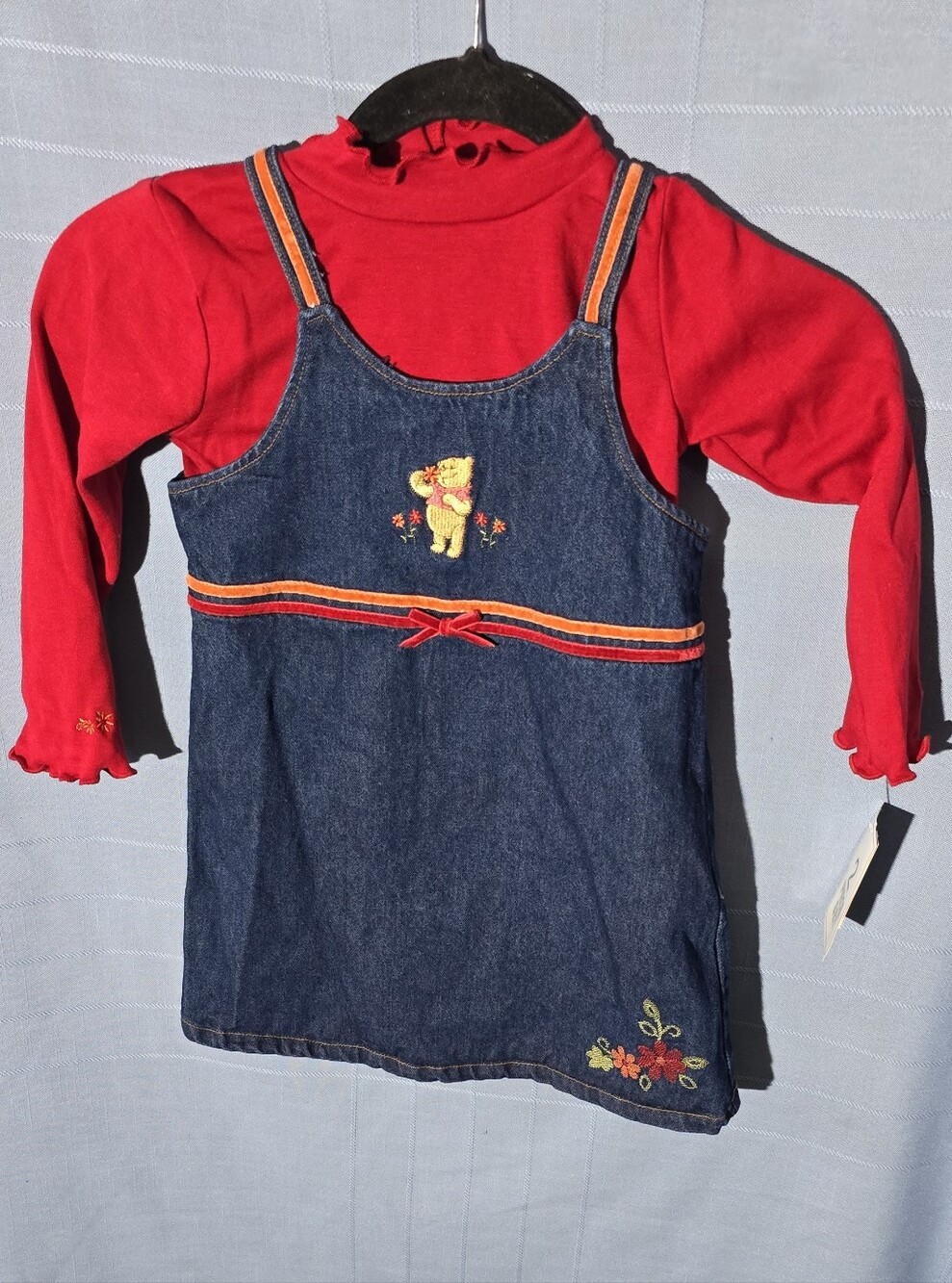 Disney Sincerely Pooh Overall Denim Dress With Red Long Sleeve
